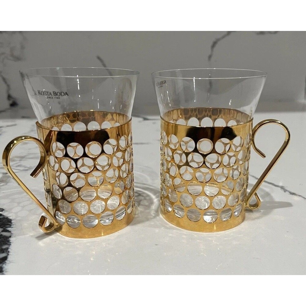 vintage kosta boda Irish Tea Glasses With Gold Filigree Holder